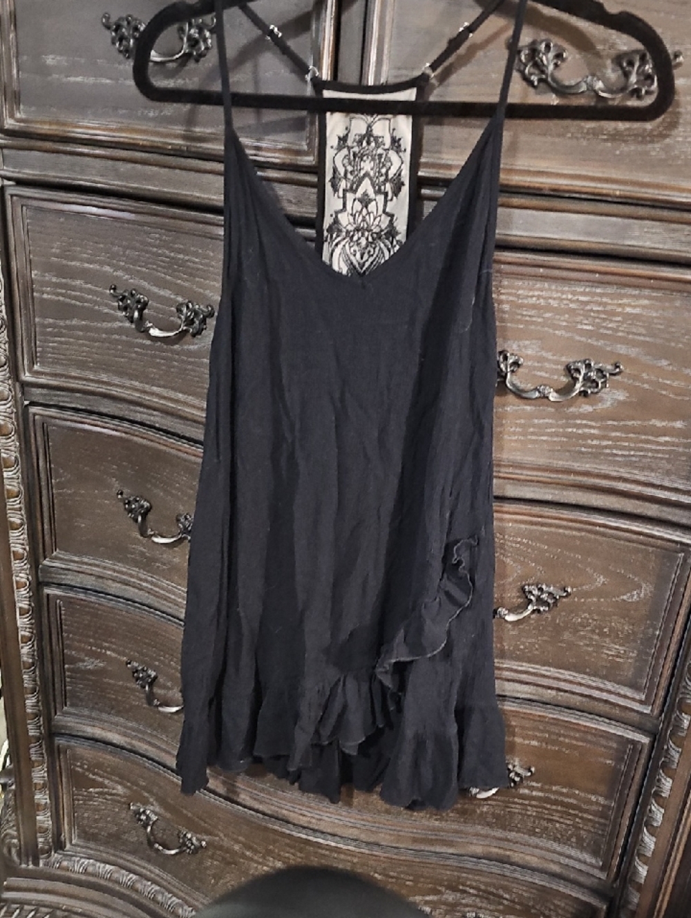 Three Bird Nest Black Mini Dress with Ruffle Hem